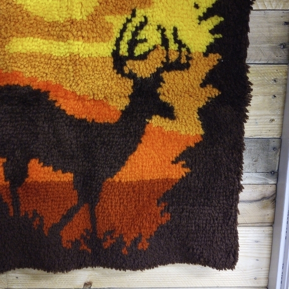 Vintage Shag Hook Latch Rug Deer Forest Sunset Retro 24x27. Cabin Rustic Decor - Picture 4 of 8